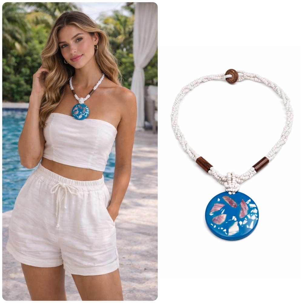 Handmade Boho Turquoise Pendant Necklace White Beaded Artisan Statement Jewelry